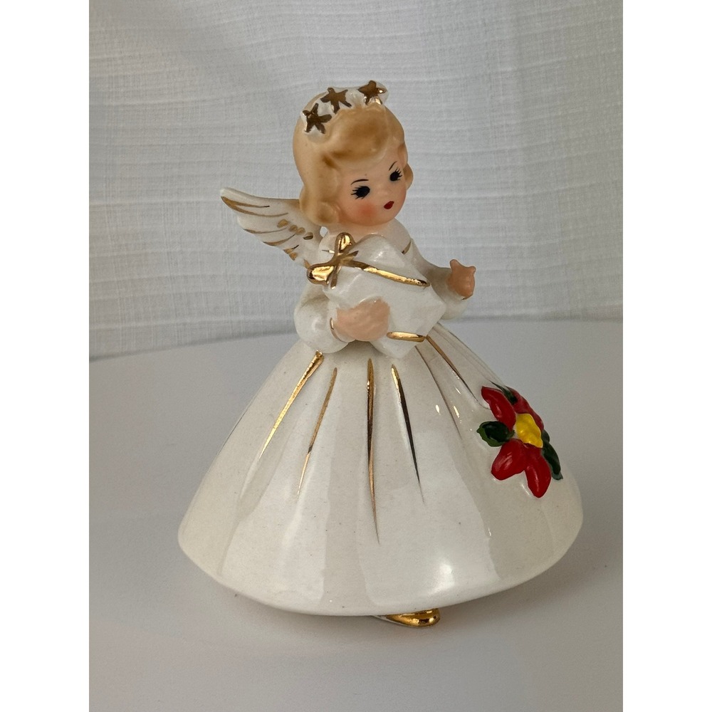 Josef Originals Christmas Angel Figurine White Gold Poinsettia Vintage Ceramic